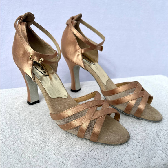 Metallic Blush Satin and Mesh Strappy Heels - Picture 1 of 10